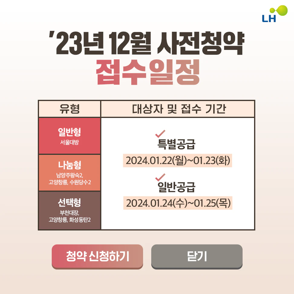 사전청약 안내 팝업: 공공분양주택 사전청약 신청 안내 및 일정